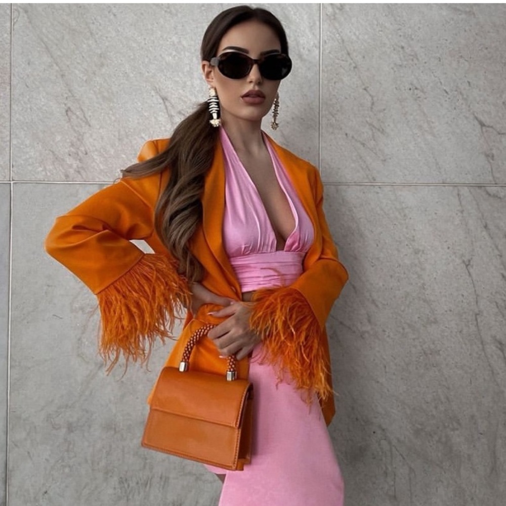 Zara Orange Feather-Trim Blazer